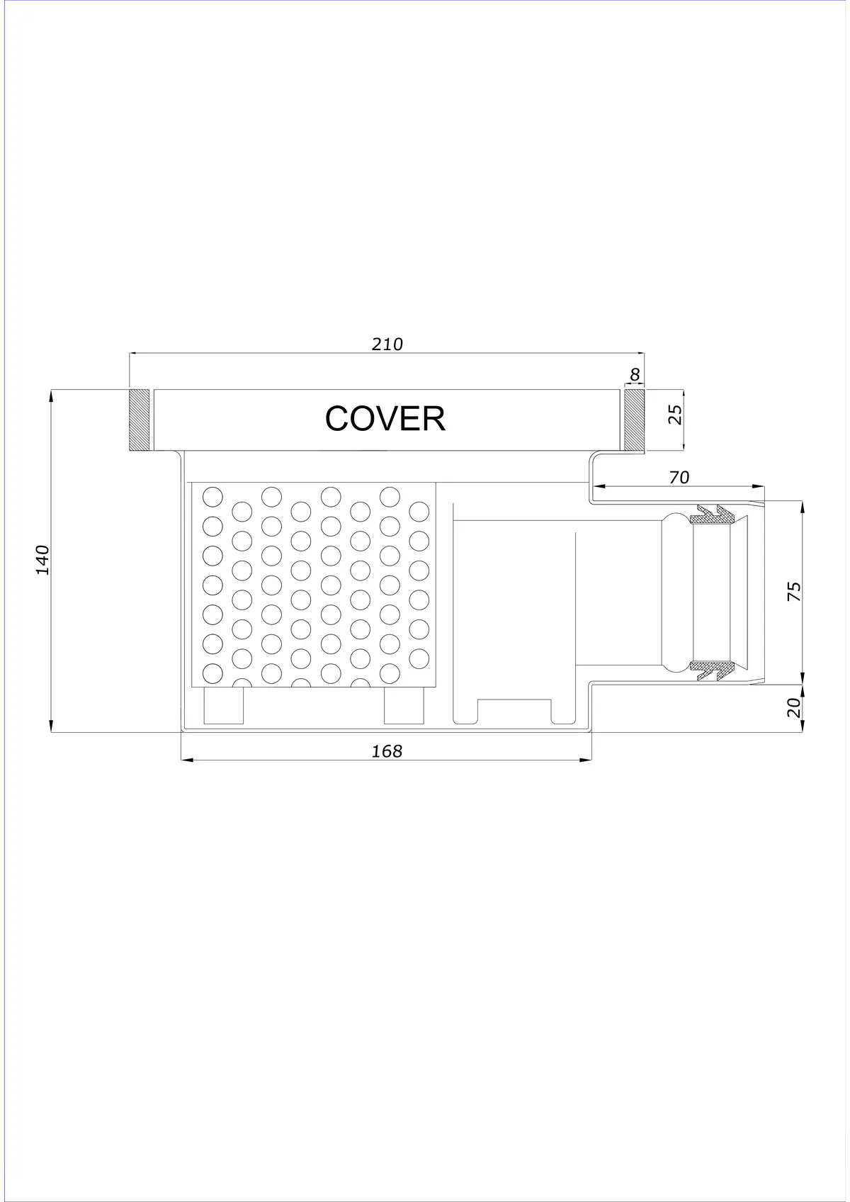 Podlahový odtok BK_KROB 210 DN 75 s okrajem 25x8mm - Jednodílný horizontální