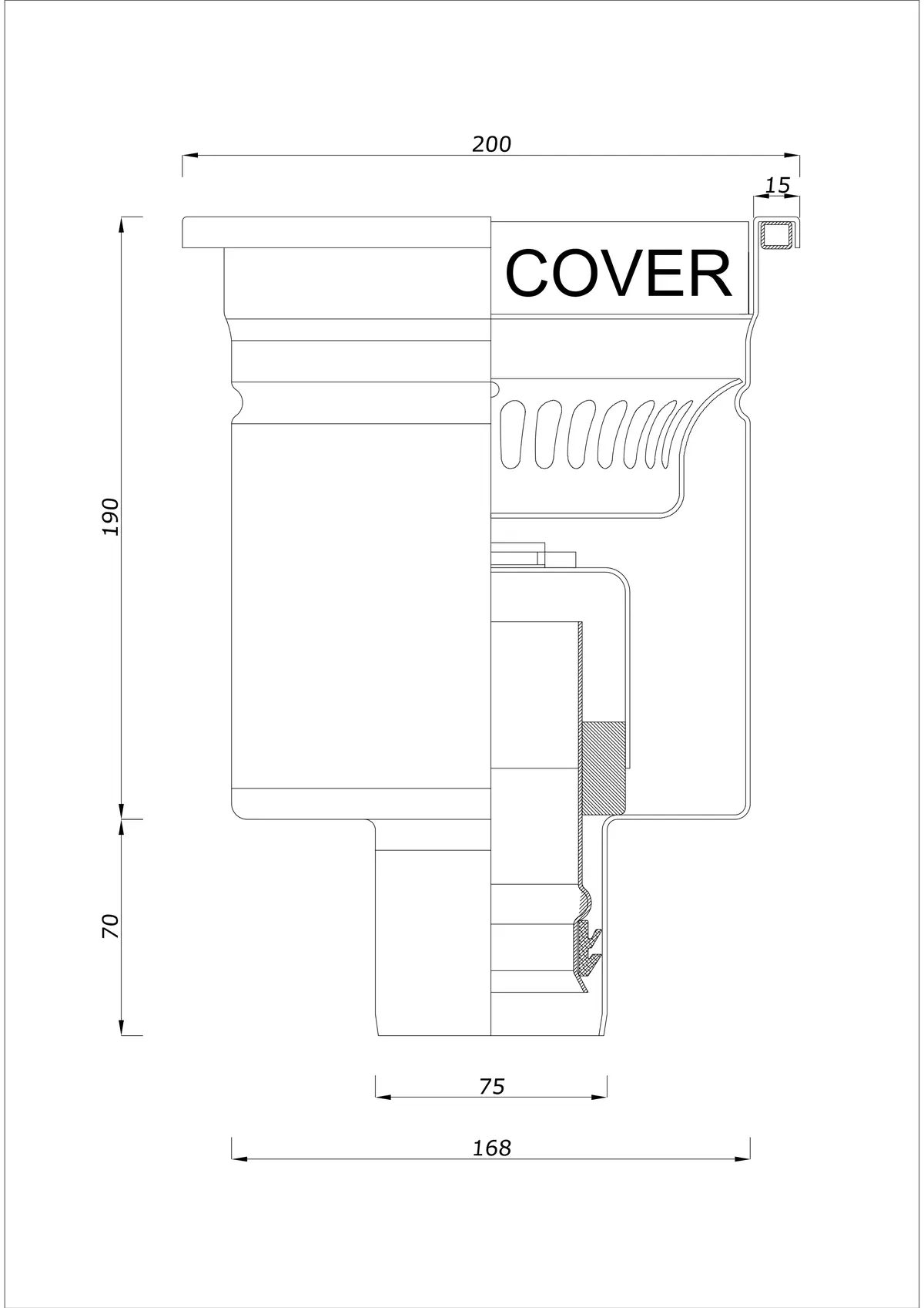 Podlahový odtok BK_KRD 200x200 DN 75 - Jednodílný vertikální odtok