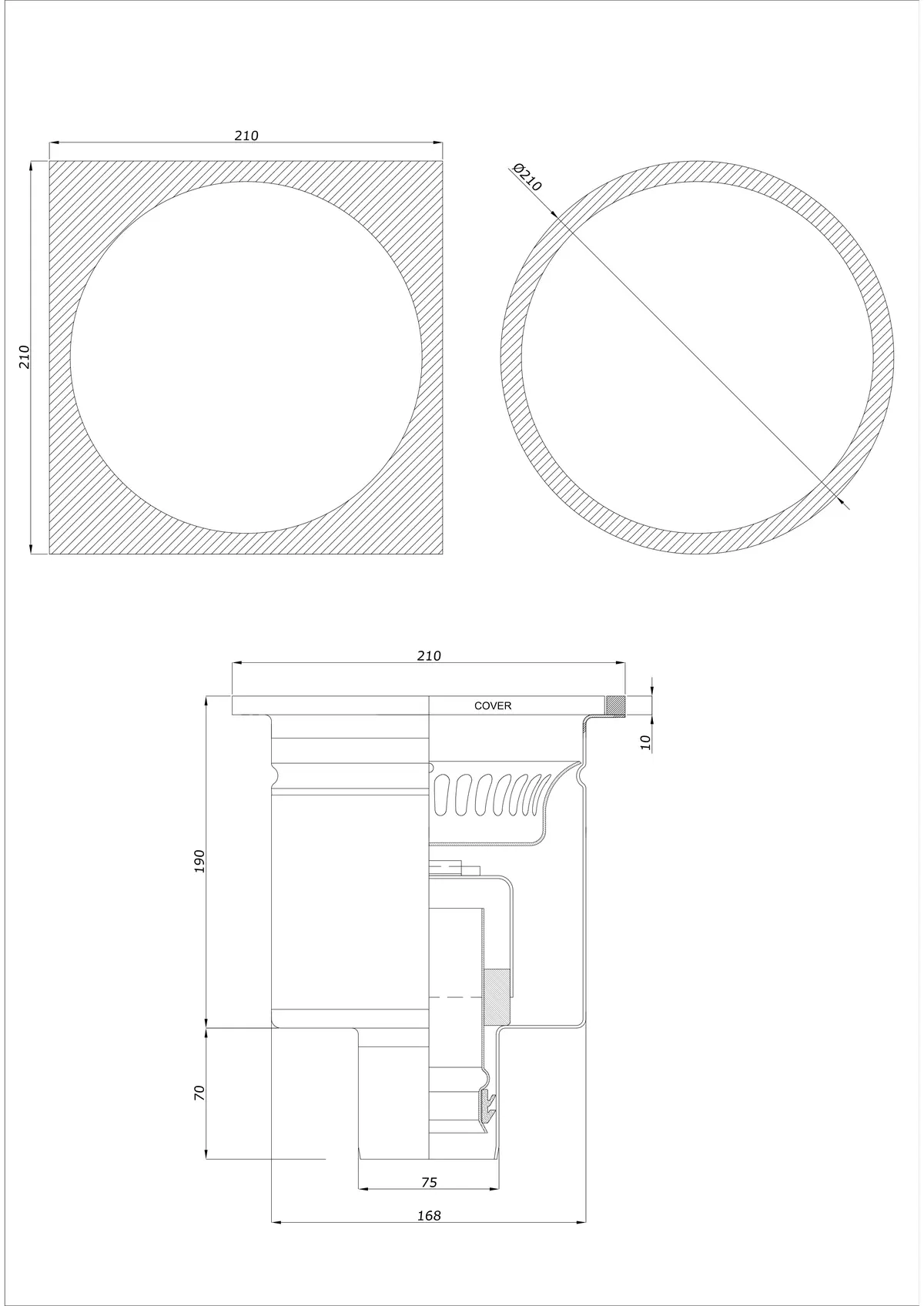Podlahový odtok BK_KRDO 210/210x210 DN 75 - Jednodílný vertikální - Kulatá/Čtvercová verze