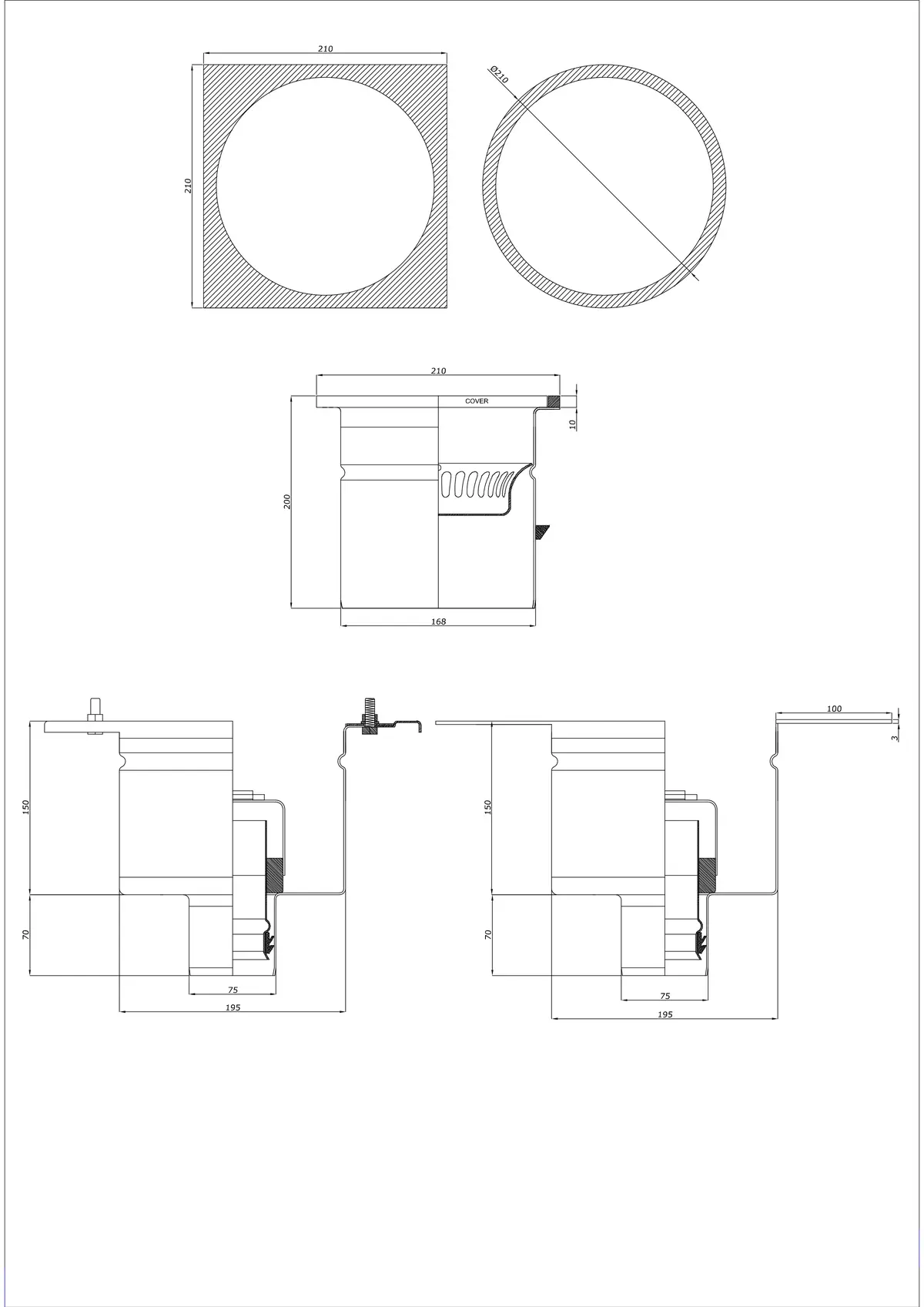 Podlahový odtok BK_KRDO 210/210x210 DN 75 - Dvoudílný vertikální - Kulatá/Čtvercová verze