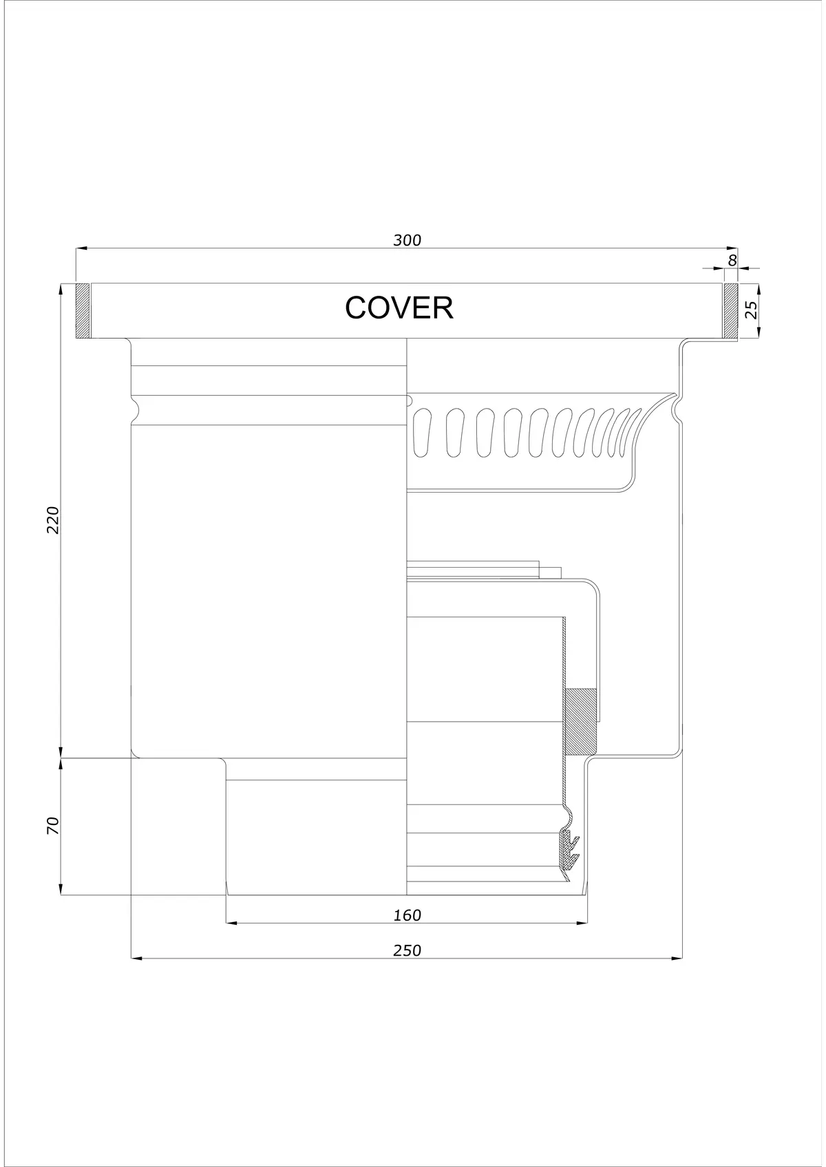 Podlahový vpust BK_KROD 300 DN 160 s okrajem 25x8mm - Jednodílný vertikální
