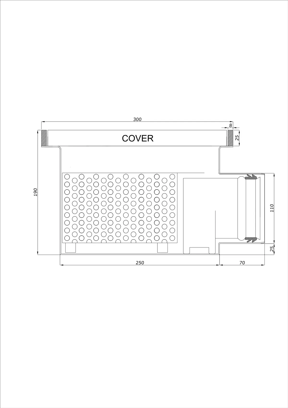 Podlahový odtok BK_KROB 300 DN 110 s okrajem 25x8mm - Jednodílný horizontální