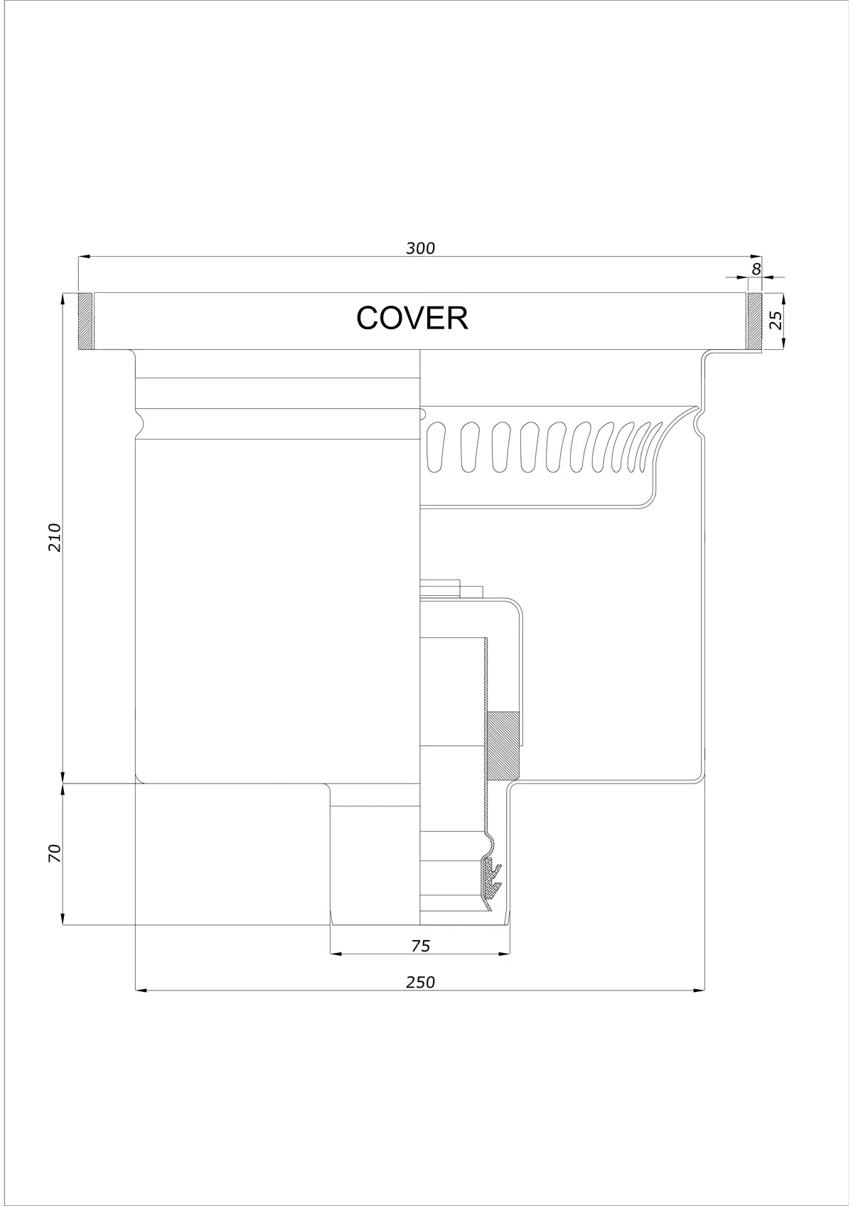 Podlahová vpust BK_KROD 300 DN 75 s okrajem 25x8mm - Jednodílný vertikální odtok