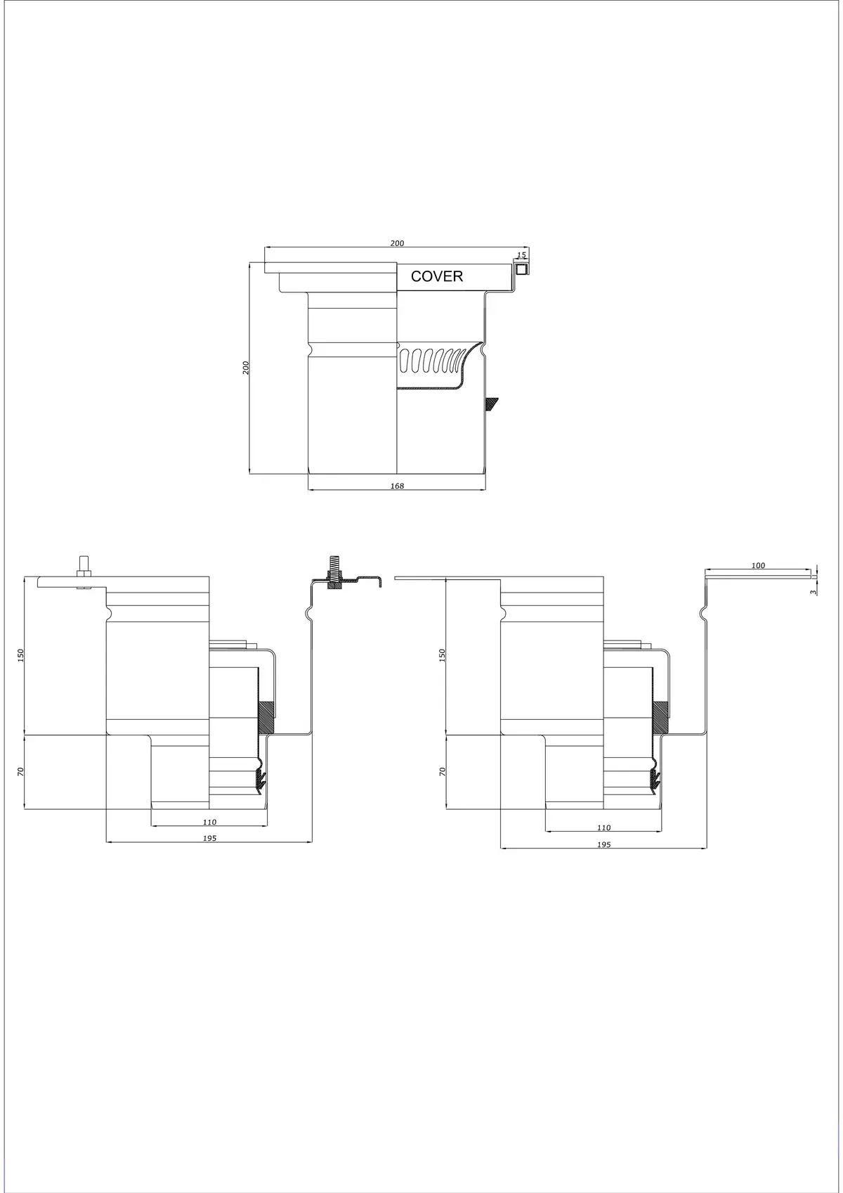 Podlahový odtok BK_KRD 200x200 DN 110 - Dvoučástkový vertikální