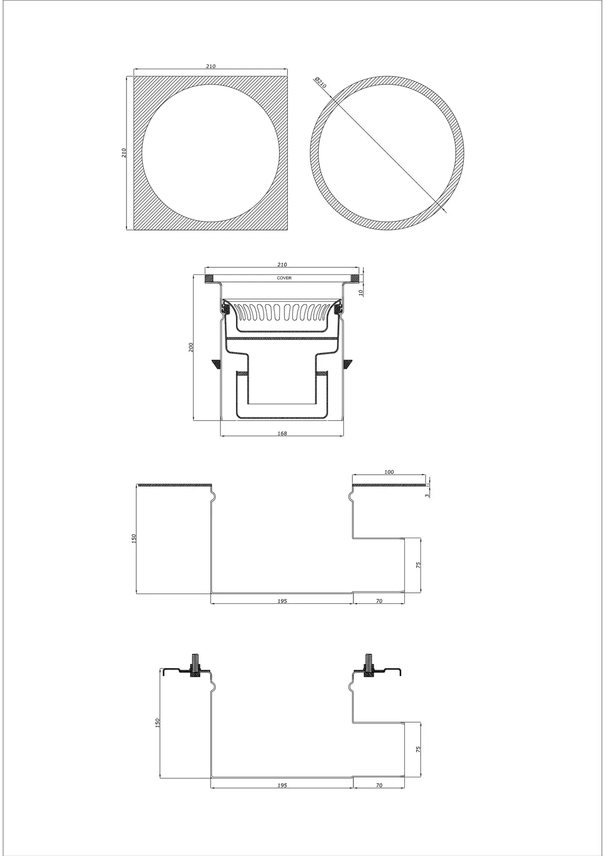 Podlahový odtok BK_KRBO 210/ 210x210 DN 75 - Dvoudílný horizontální - Kulatá/Čtvercová verze