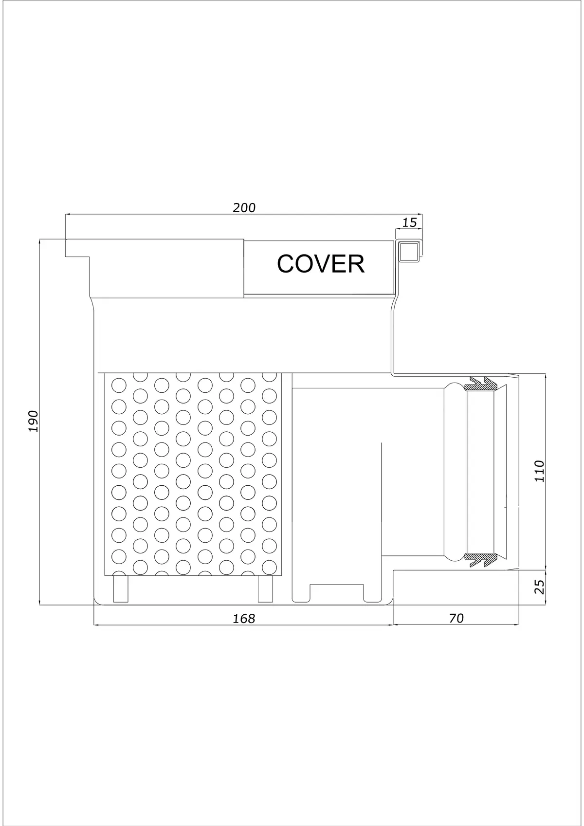 Podlahový odtok BK_KRB 200x200 DN 110 - Jednodílný Horizontální