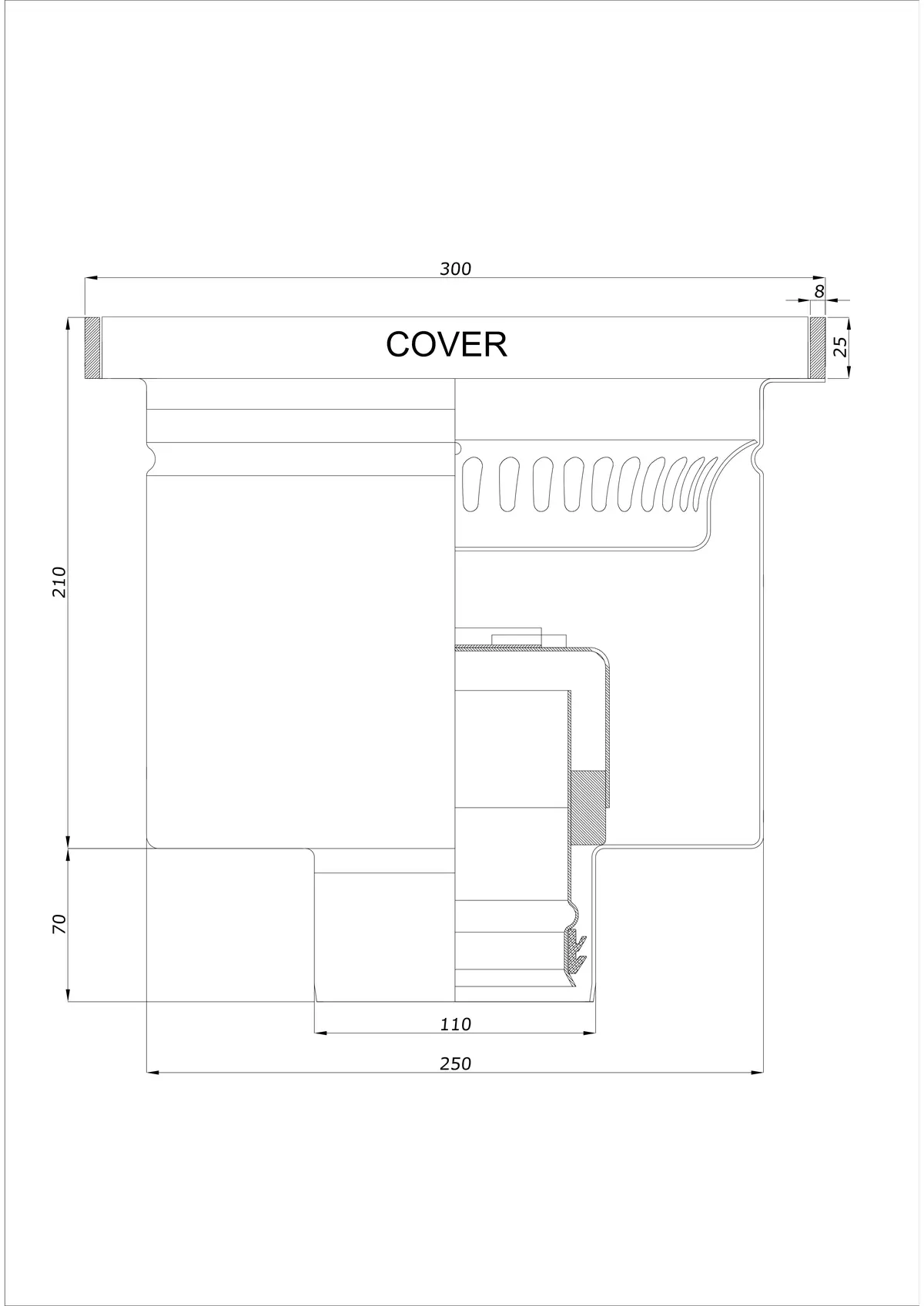Podlahový odtok BK_KROD 300 DN 110 s okrajem 25x8mm - Jednodílný vertikální odtok