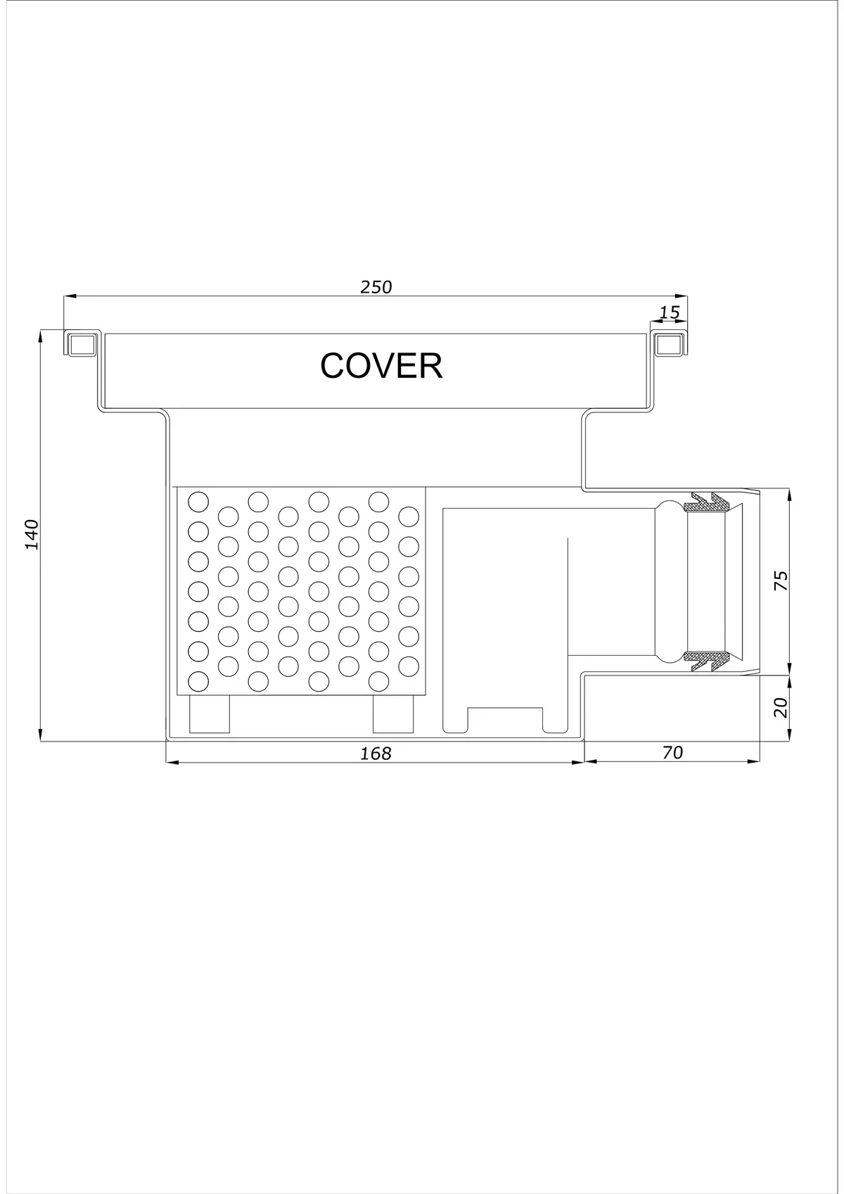Podlahový odtok BK_KRB 250x250 DN 75 - Jednodílný Horizontální