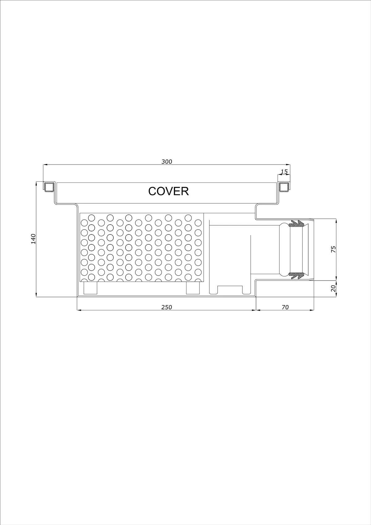 Podlahový odtok BK_KRB 300x300 DN 75 - Jednodílný Horizontální