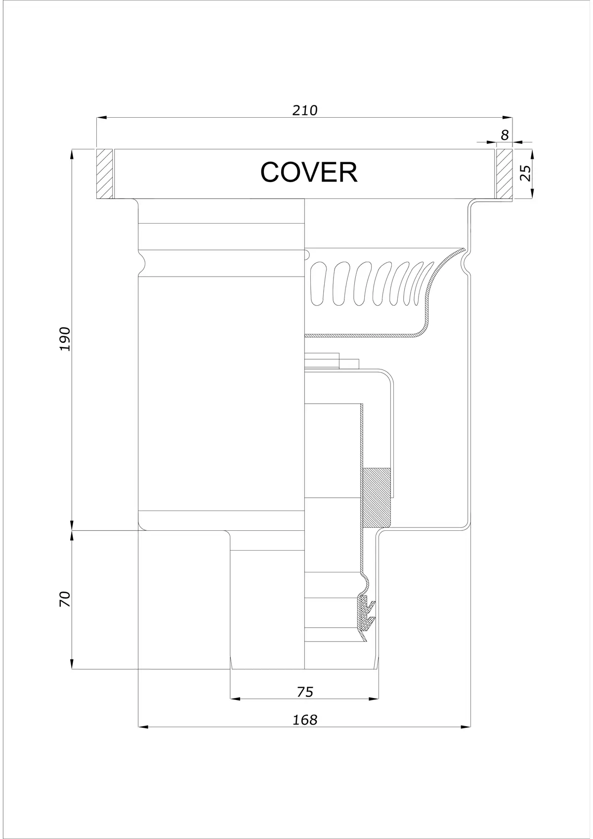 Podlahový odtok BK_KROD 210 DN 75 s okrajem 25x8mm - Jednodílný vertikální odtok