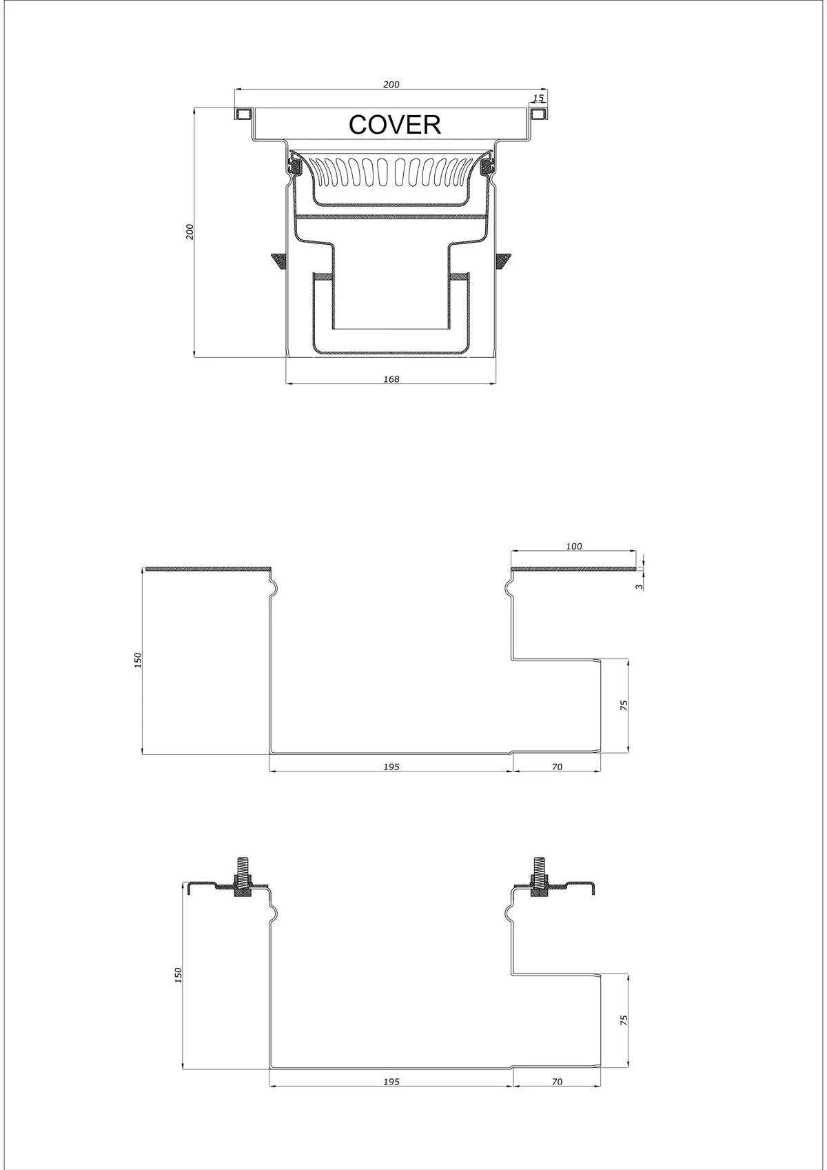 Podlahový odtok BK_KRB 200x200 DN 75 - Dvoudílný Horizontální