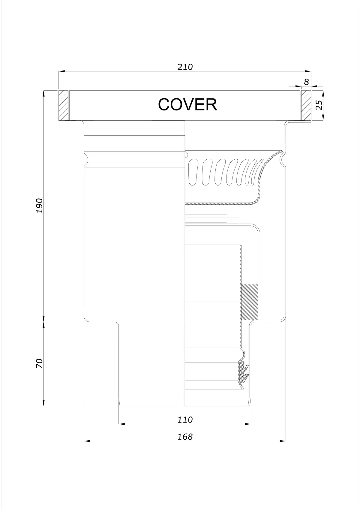 Podlahový odtok BK_KROD 210 DN 110 s okrajem 25x8mm - Jednodílný vertikální