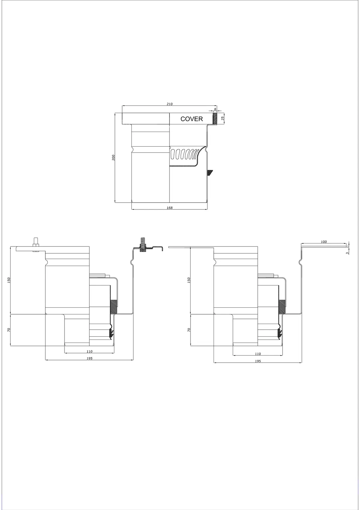 Podlahový odtok BK_KROD 210 DN 110 s okrajem 25x8mm - Dvoudílný vertikální odtok