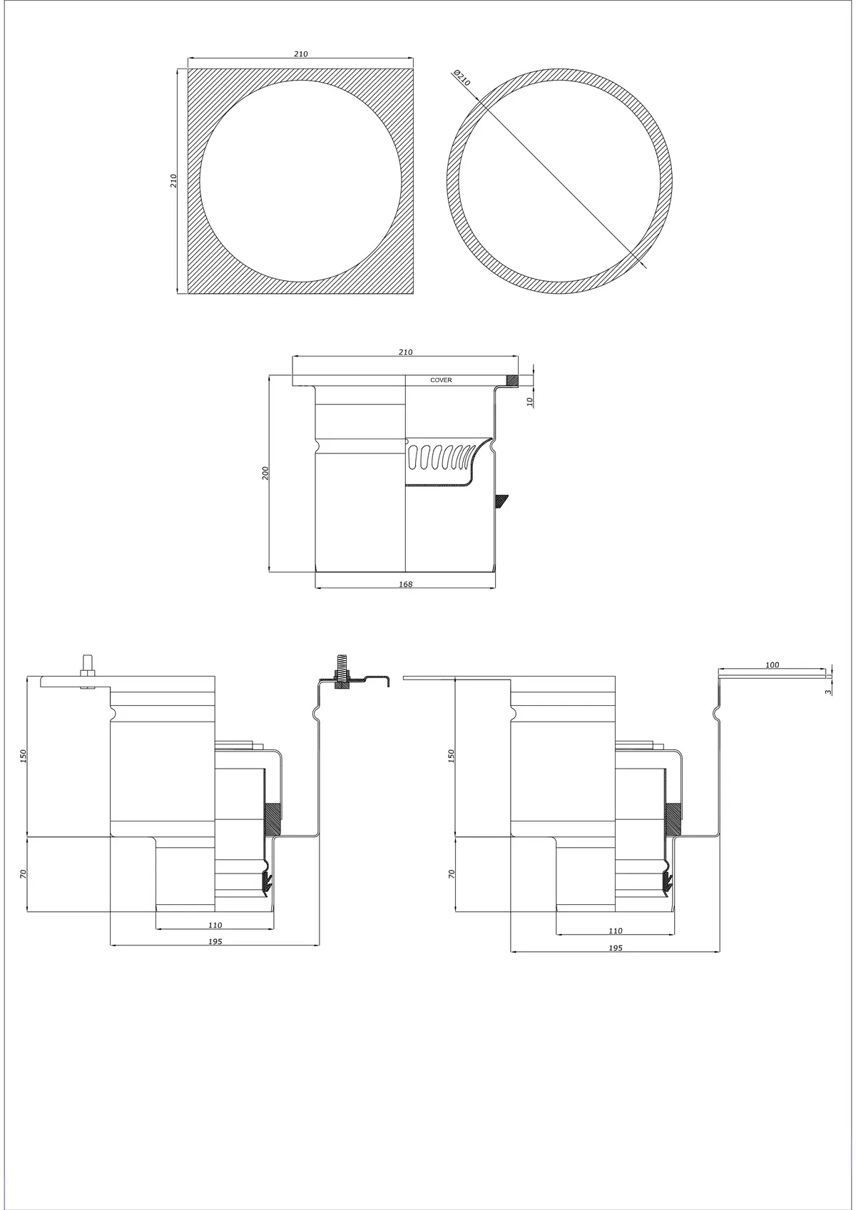 Podlahový odtok BK_KRDO 210/210x210 DN 110 - Dvoudílný vertikální - Kulatá/Čtvercová verze