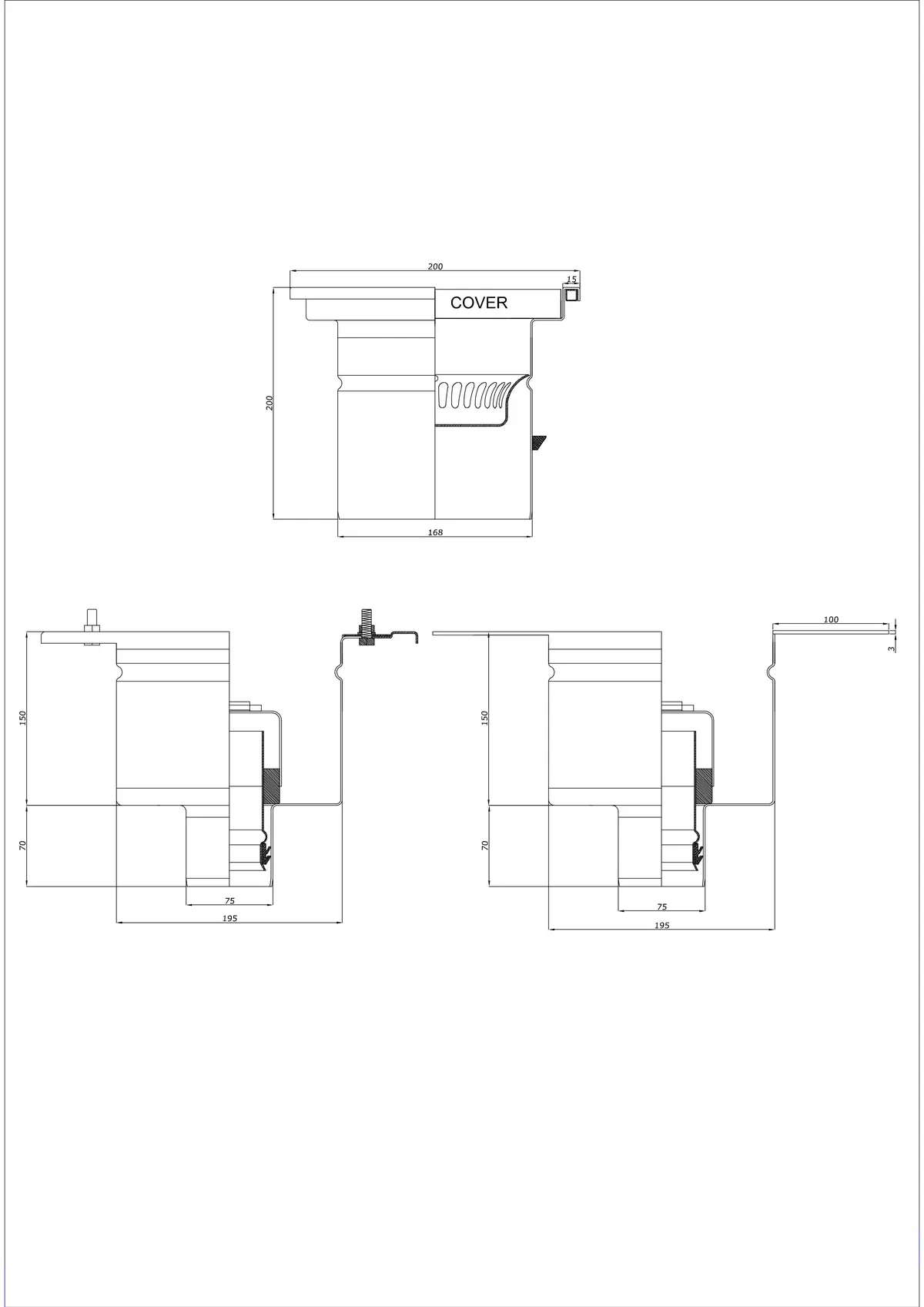 Podlahový odtok BK_KRD 200x200 DN 75 - Dvoudílný vertikální