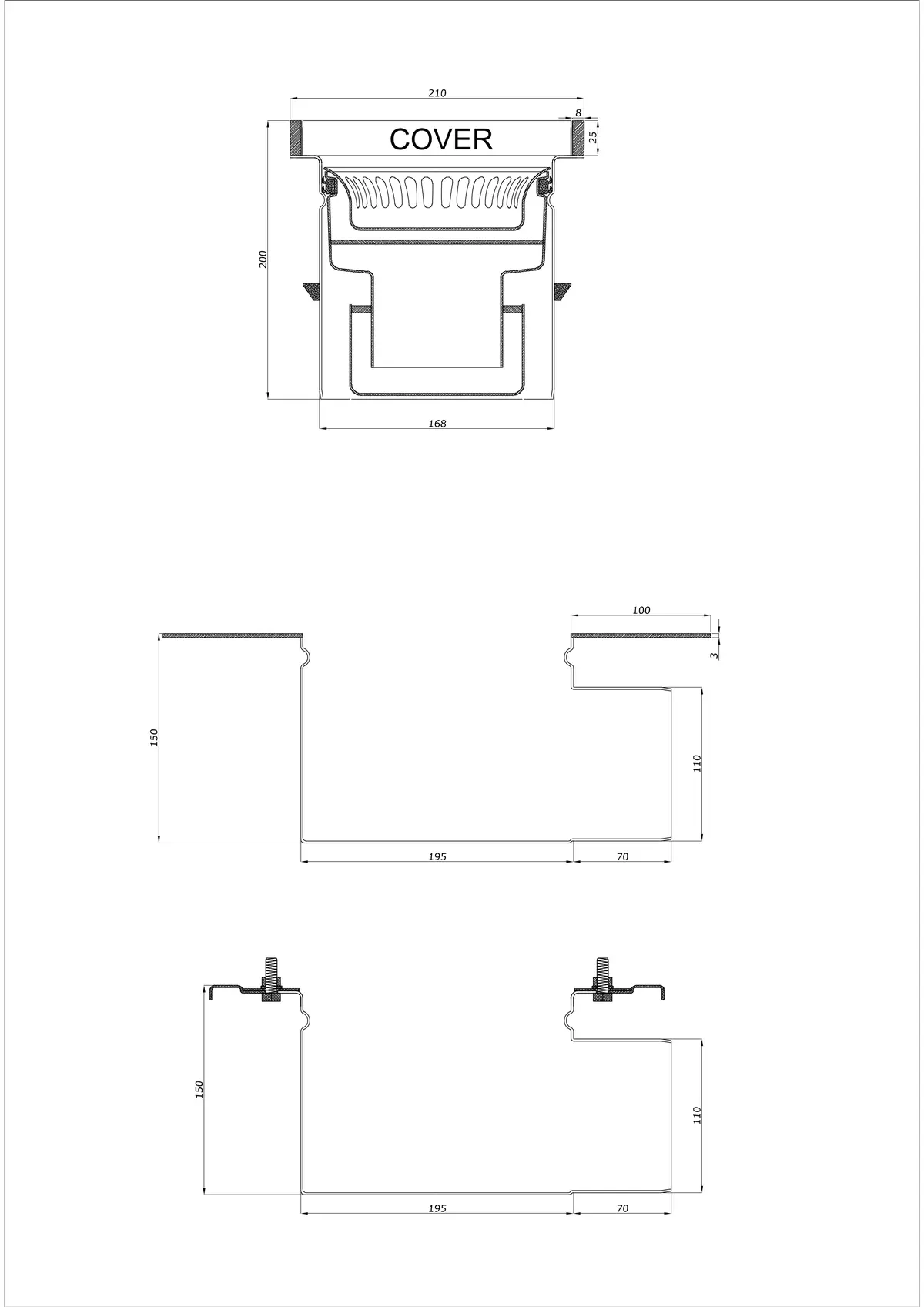 Podlahový odtok BK_KROB 210 DN 110 s okrajem 25x8mm - Dvoudílný horizontální