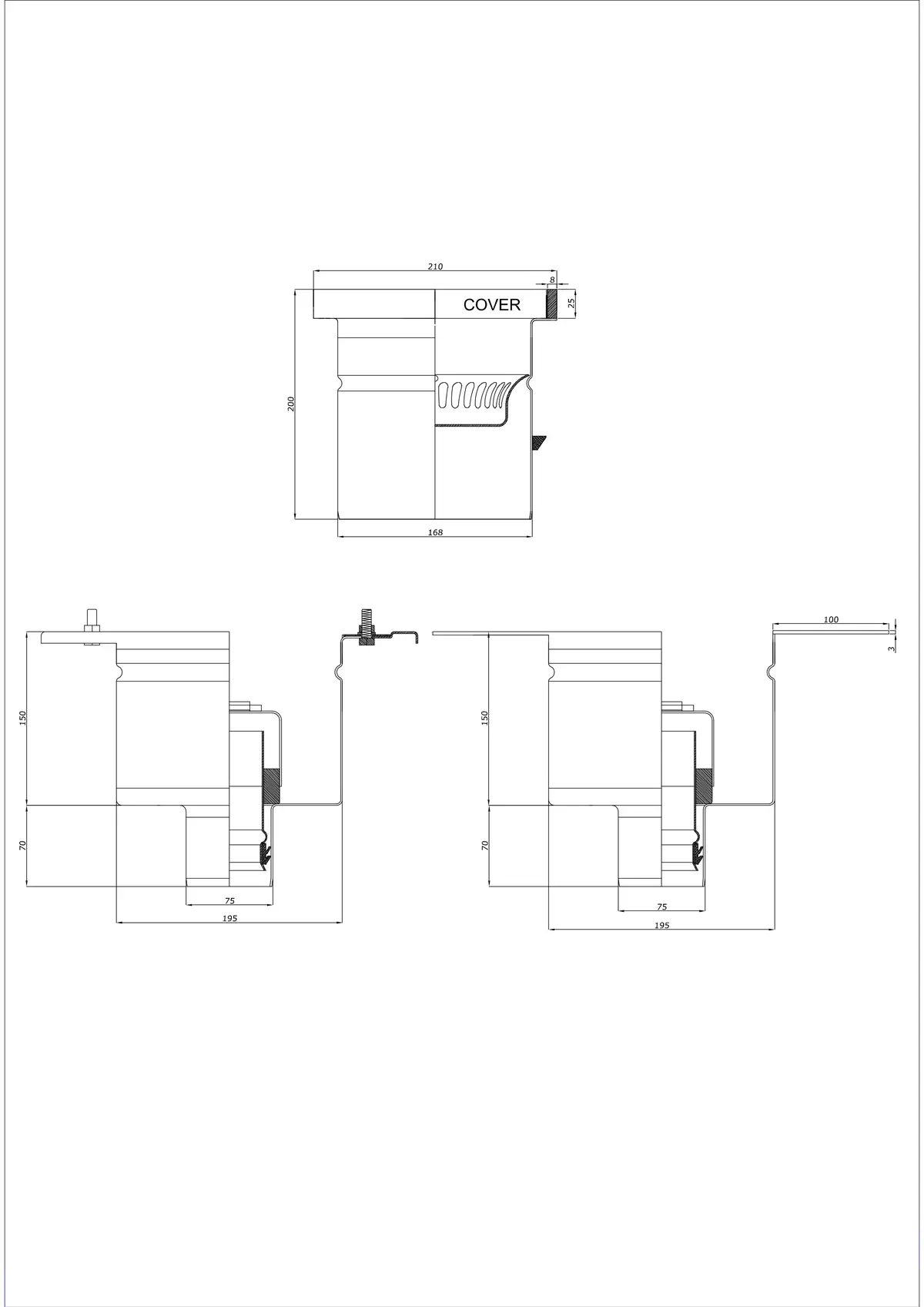 Podlahový odtok BK_KROD 210 DN 75 s okrajem 25x8mm - Dvoučástkový vertikální